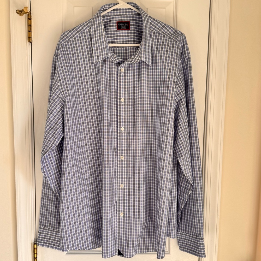 UnTuckIt Wrinkle-Free Durif Blue Gingham Long Sleeve Button Down Shirt XXXL